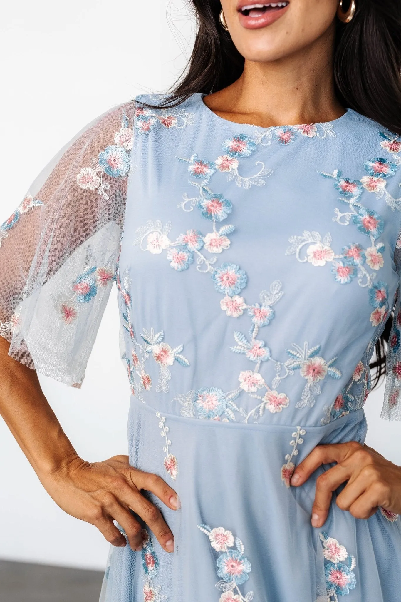 Arabella Embroidered Tulle Maxi Dress | Light Blue + Blush sold by Baltic Born product image thumbnail 2