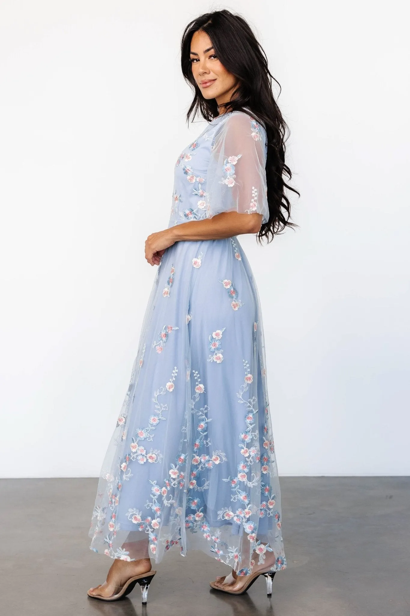 Arabella Embroidered Tulle Maxi Dress | Light Blue + Blush sold by Baltic Born product image thumbnail 3