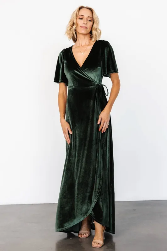 Katelyn Velvet Maxi Wrap Dress | Deep Green sold by Baltic Born