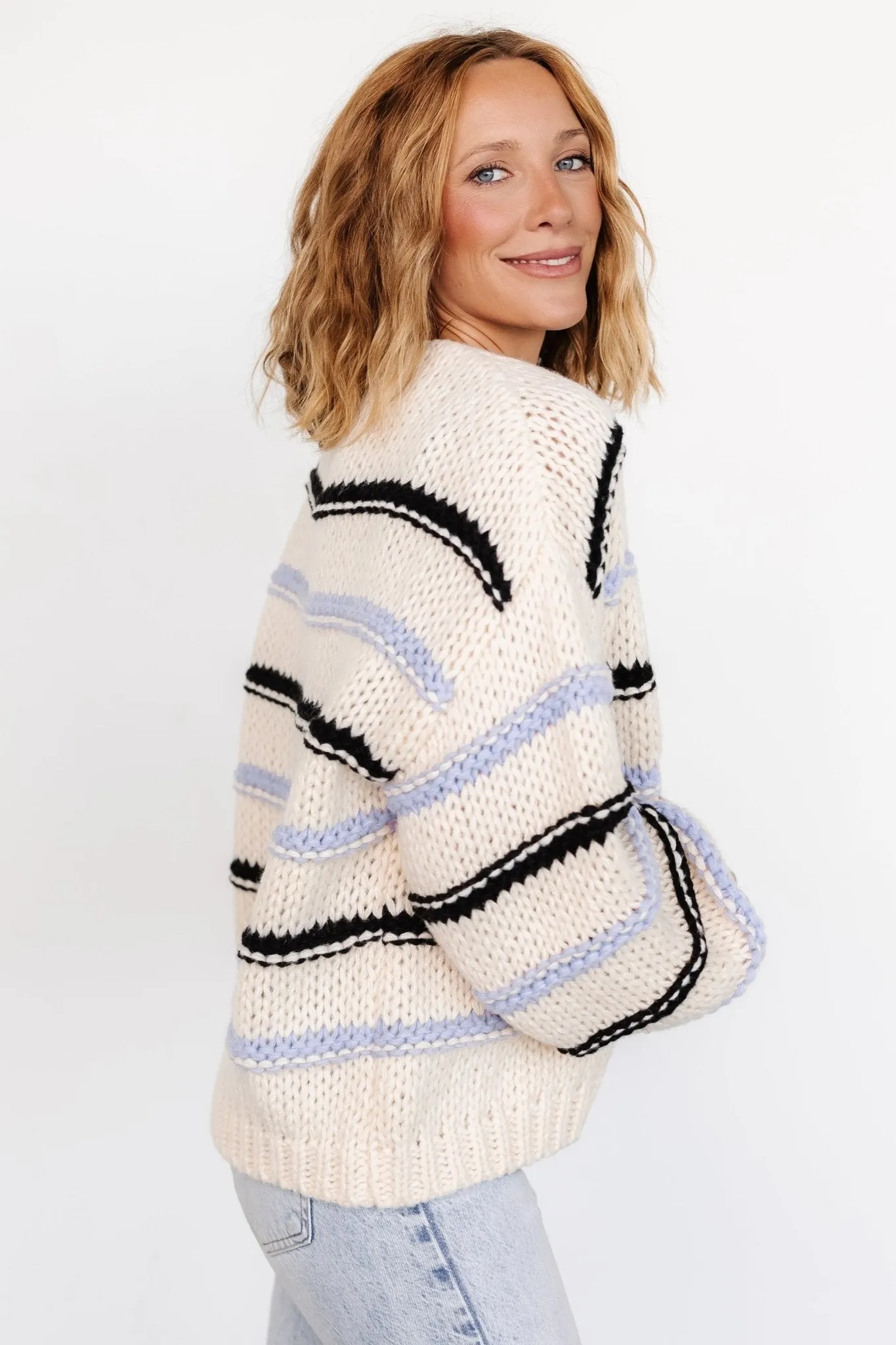 Kimmy Chunky Knit Cardigan | Cream + Lilac sold by Baltic Born product image thumbnail 5