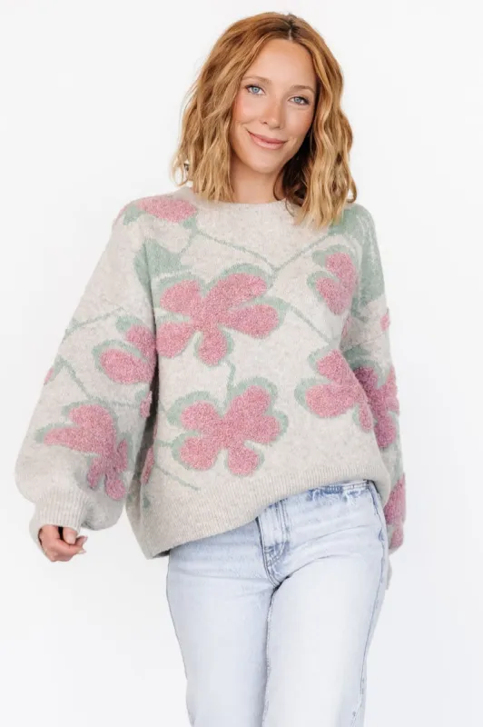 Lisbeth Flower Sweater | Green + Pink sold by Baltic Born