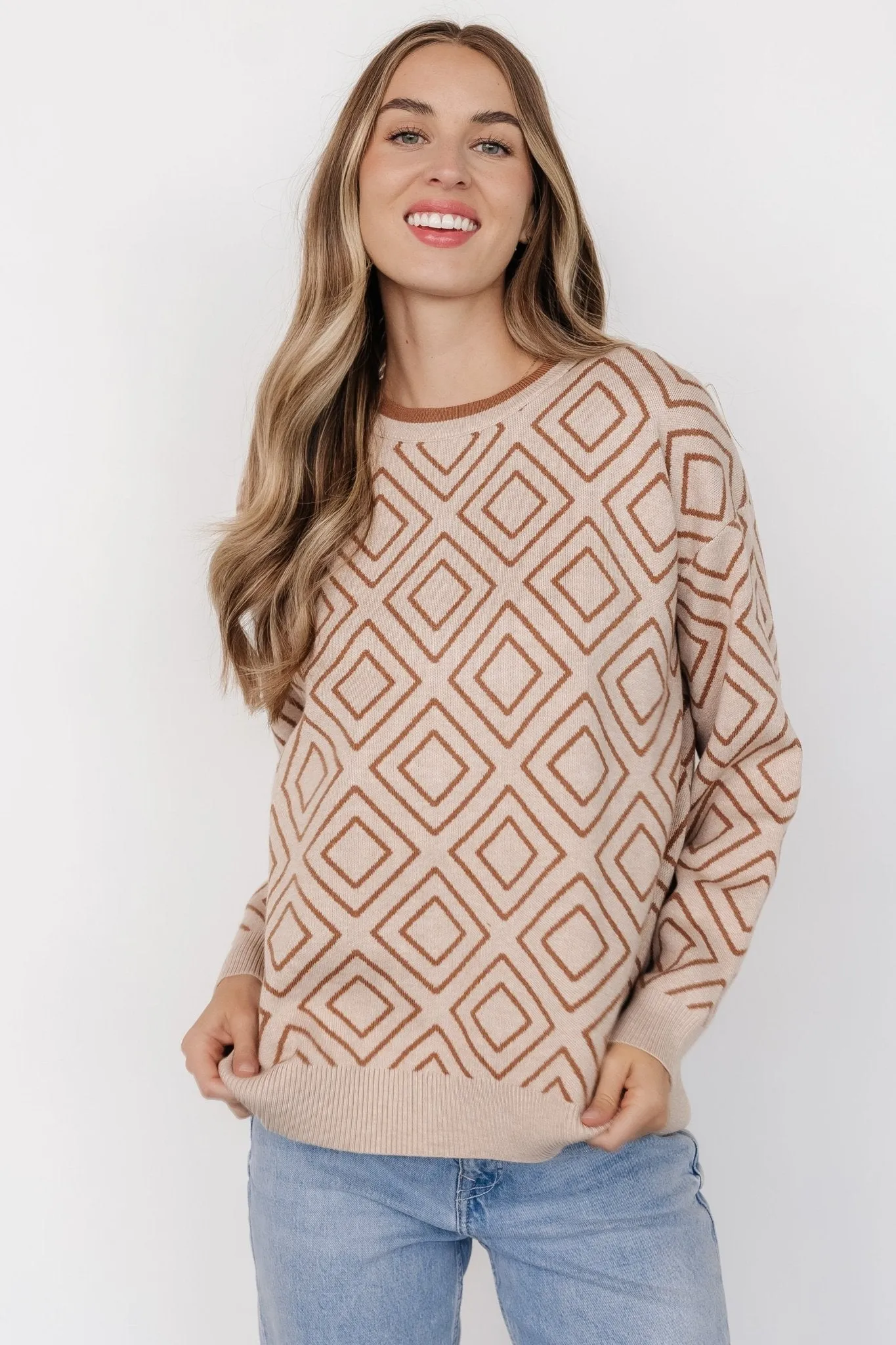 Asther Diamond Sweater | Oatmeal + Camel sold by Baltic Born