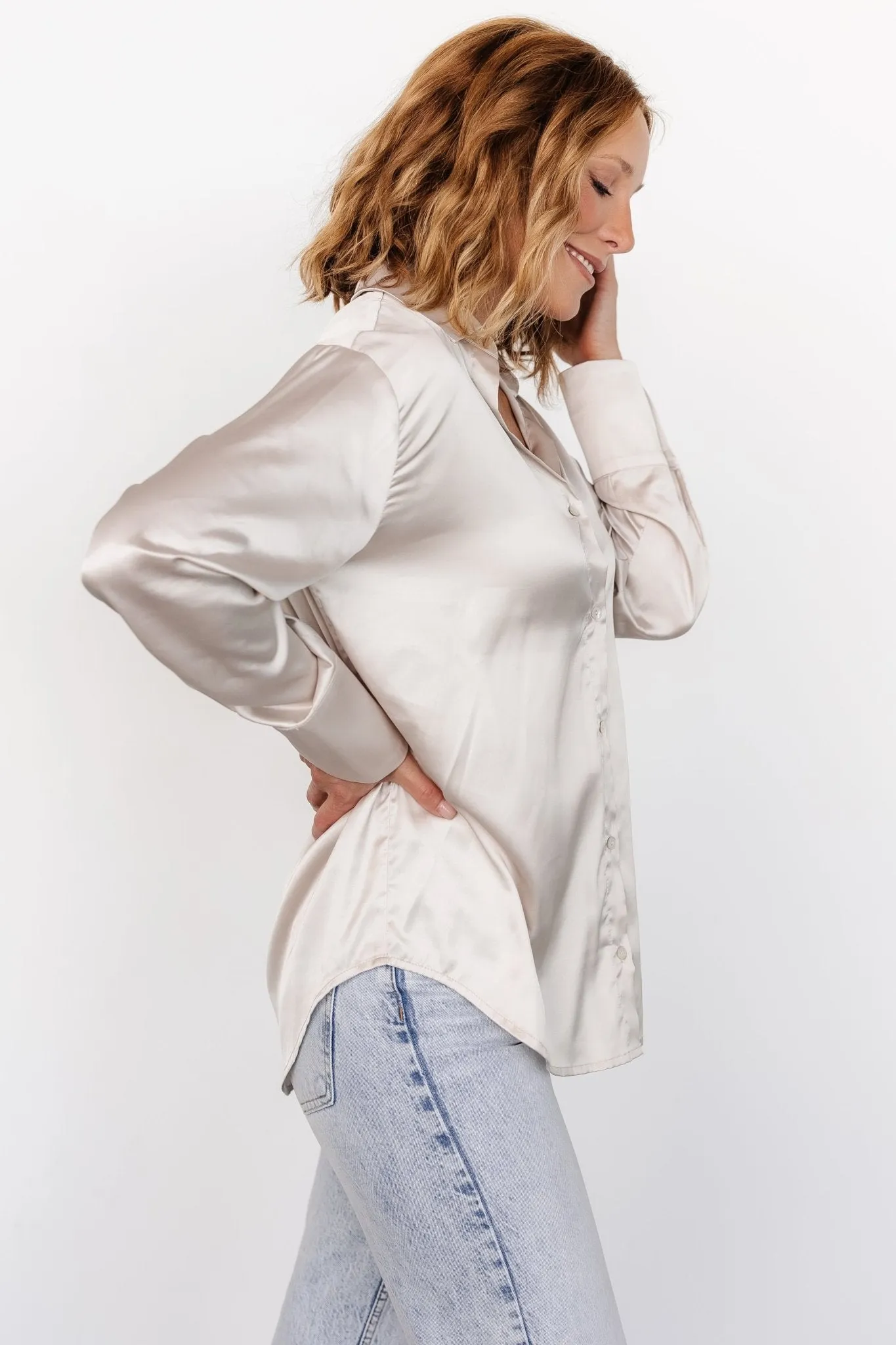 Kacey Satin Button Up Top | Champagne sold by Baltic Born product image thumbnail 4