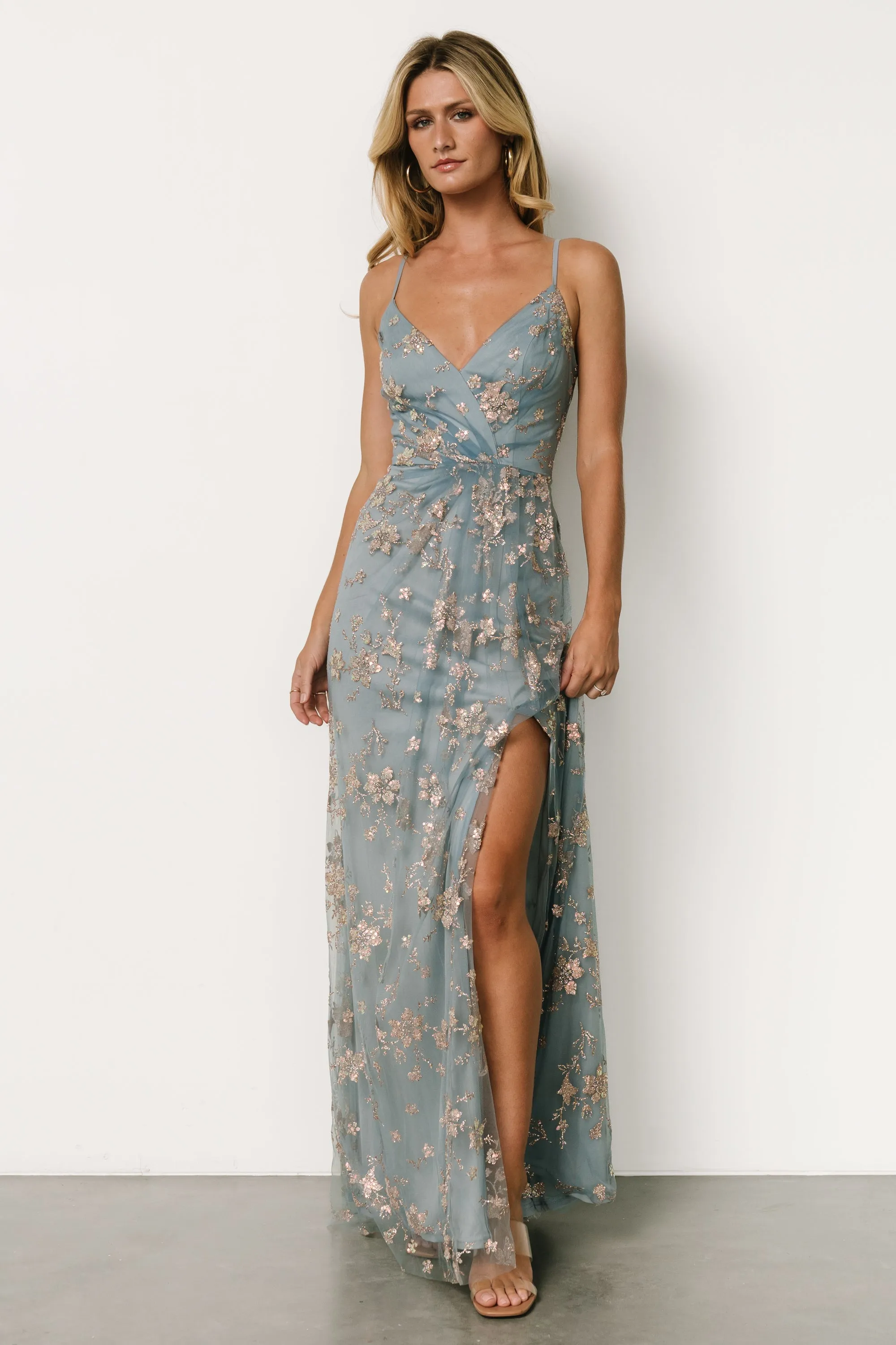 Marcia Sparkle Gown | Light Blue + Rose Gold sold by Baltic Born