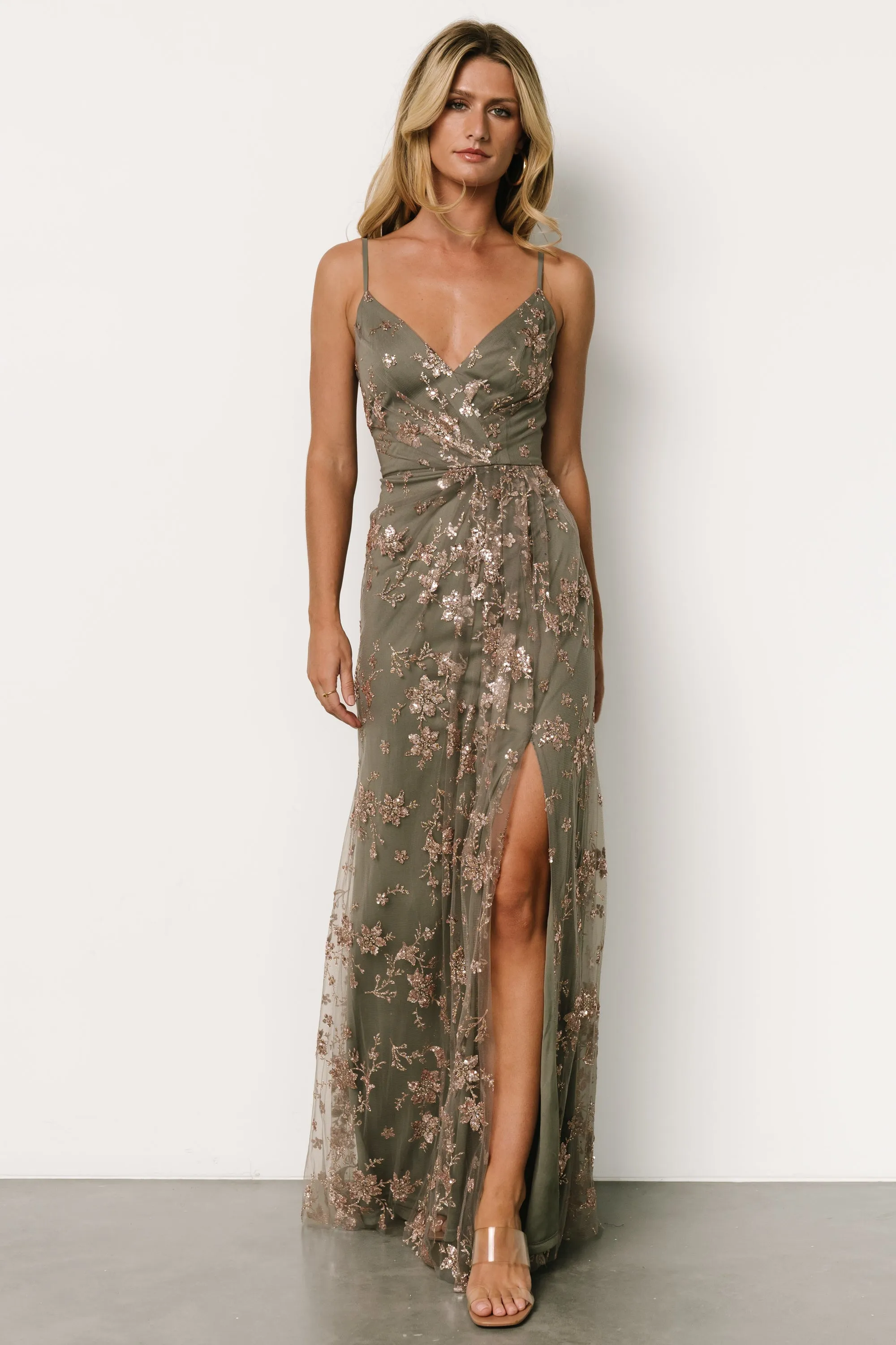 Marcia Sparkle Gown | Eucalyptus + Rose Gold sold by Baltic Born