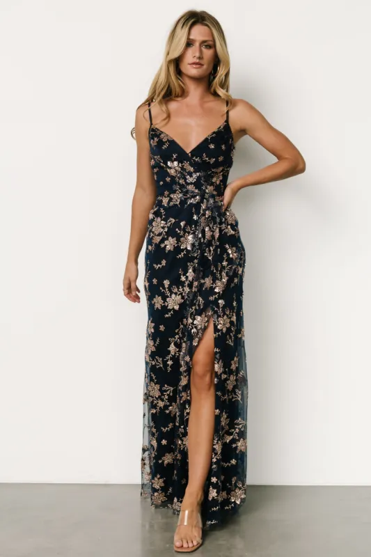 Marcia Sparkle Gown | Navy + Rose Gold sold by Baltic Born