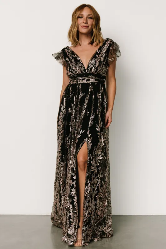 Karina Shimmer Gown | Black + Rose Gold sold by Baltic Born