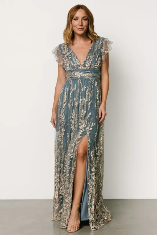Karina Shimmer Gown | Blue + Rose Gold sold by Baltic Born