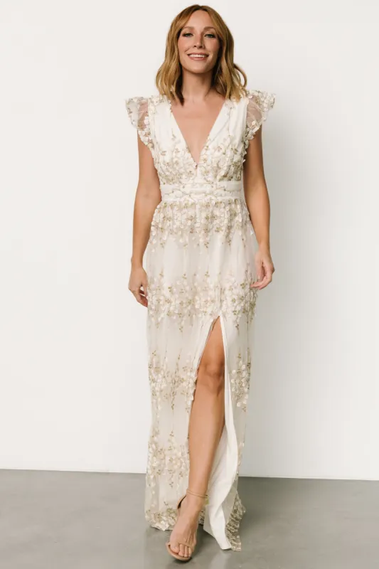 Eva Embroidered Maxi Dress | White + Gold sold by Baltic Born