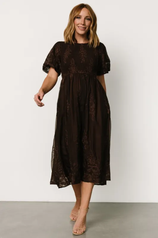 Corrine Embroidered Midi Dress | Brown sold by Baltic Born