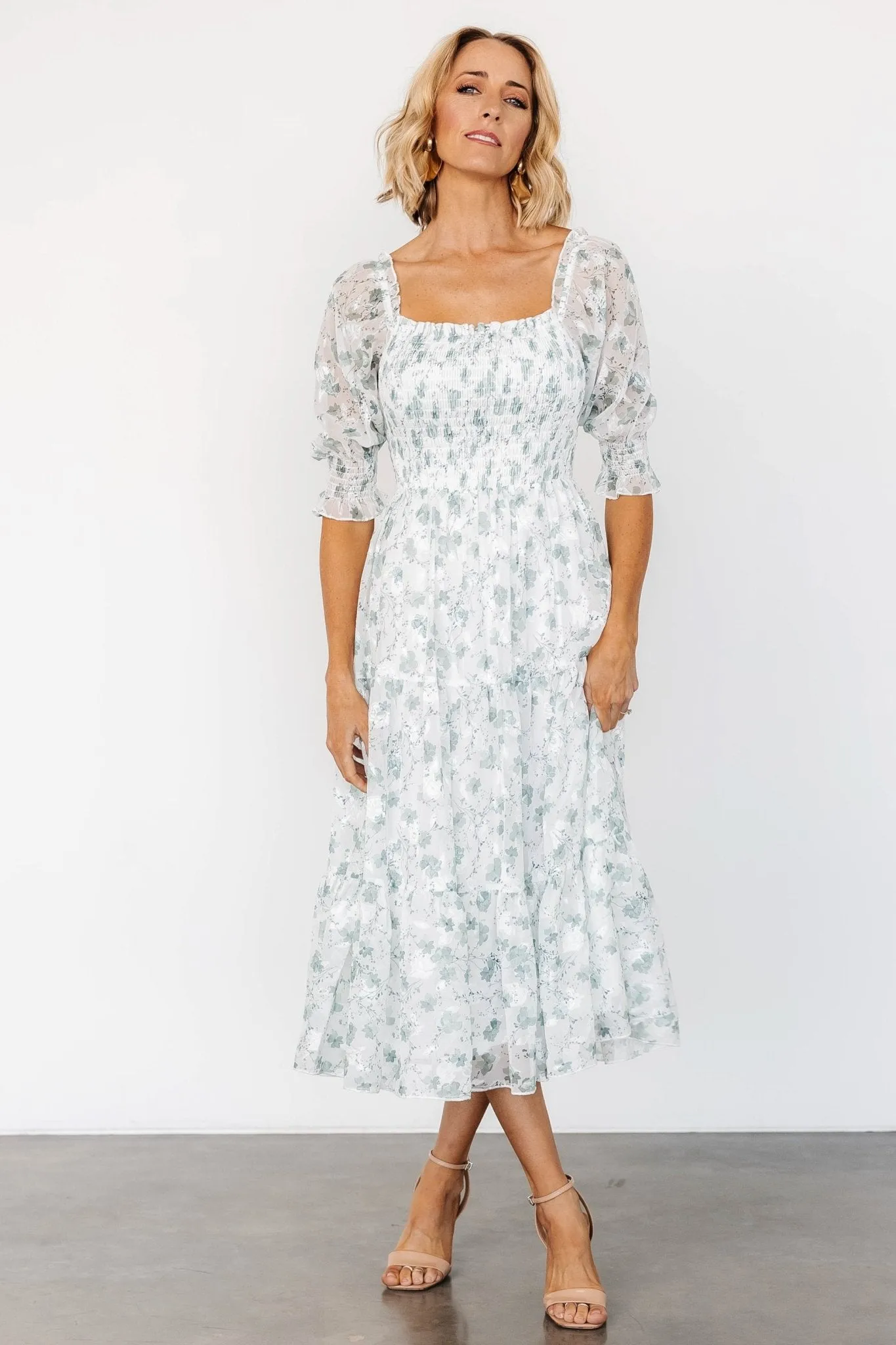 Fabian Jacquard Midi Dress | Off White + Sage Floral sold by Baltic Born product image thumbnail 4