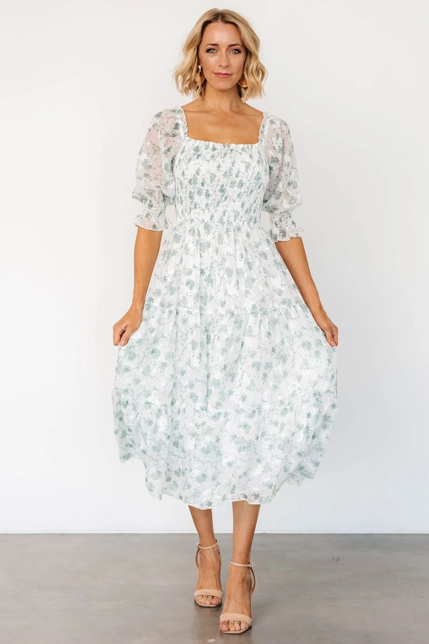 Fabian Jacquard Midi Dress | Off White + Sage Floral sold by Baltic Born