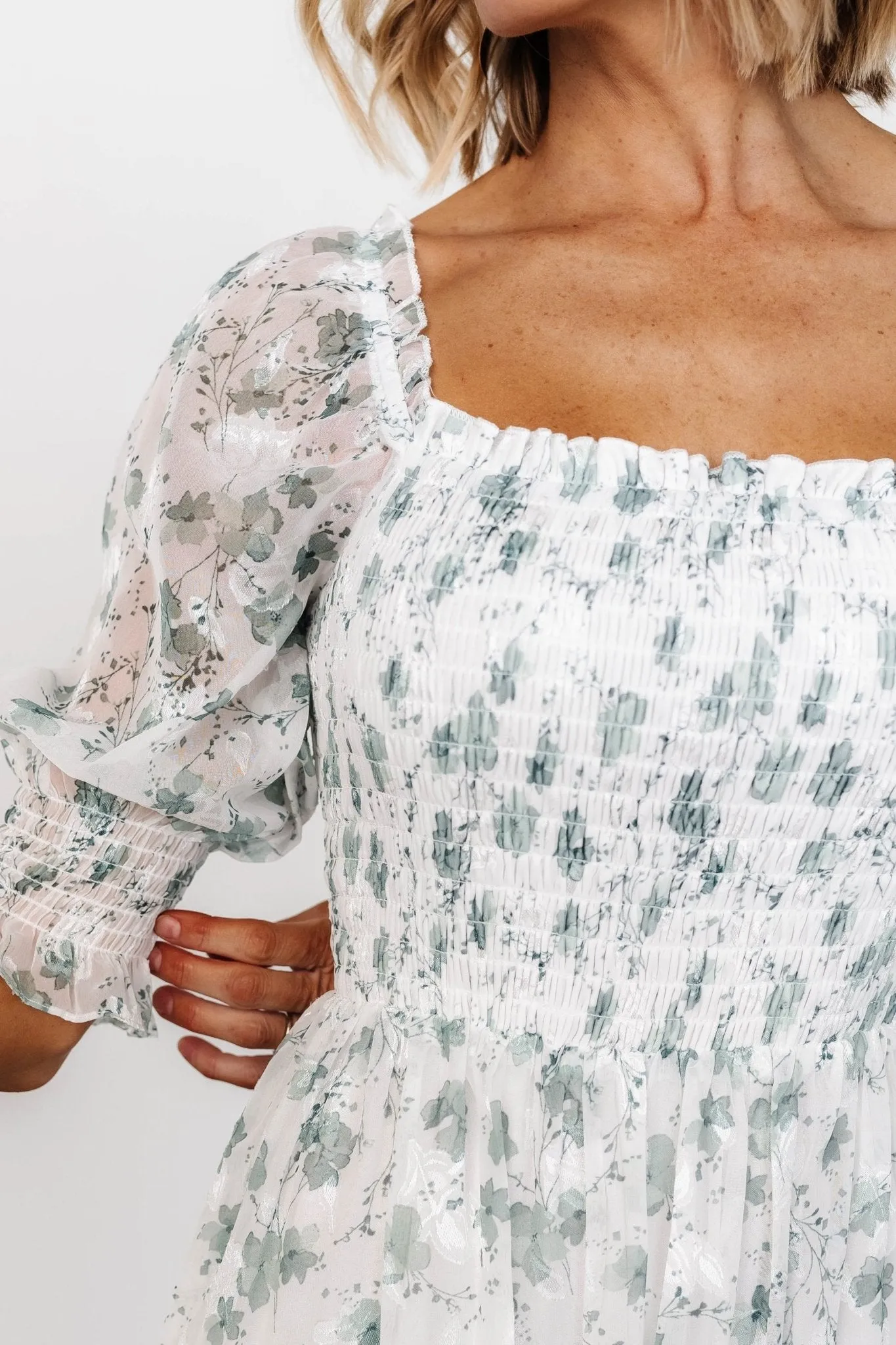 Fabian Jacquard Midi Dress | Off White + Sage Floral sold by Baltic Born product image thumbnail 2