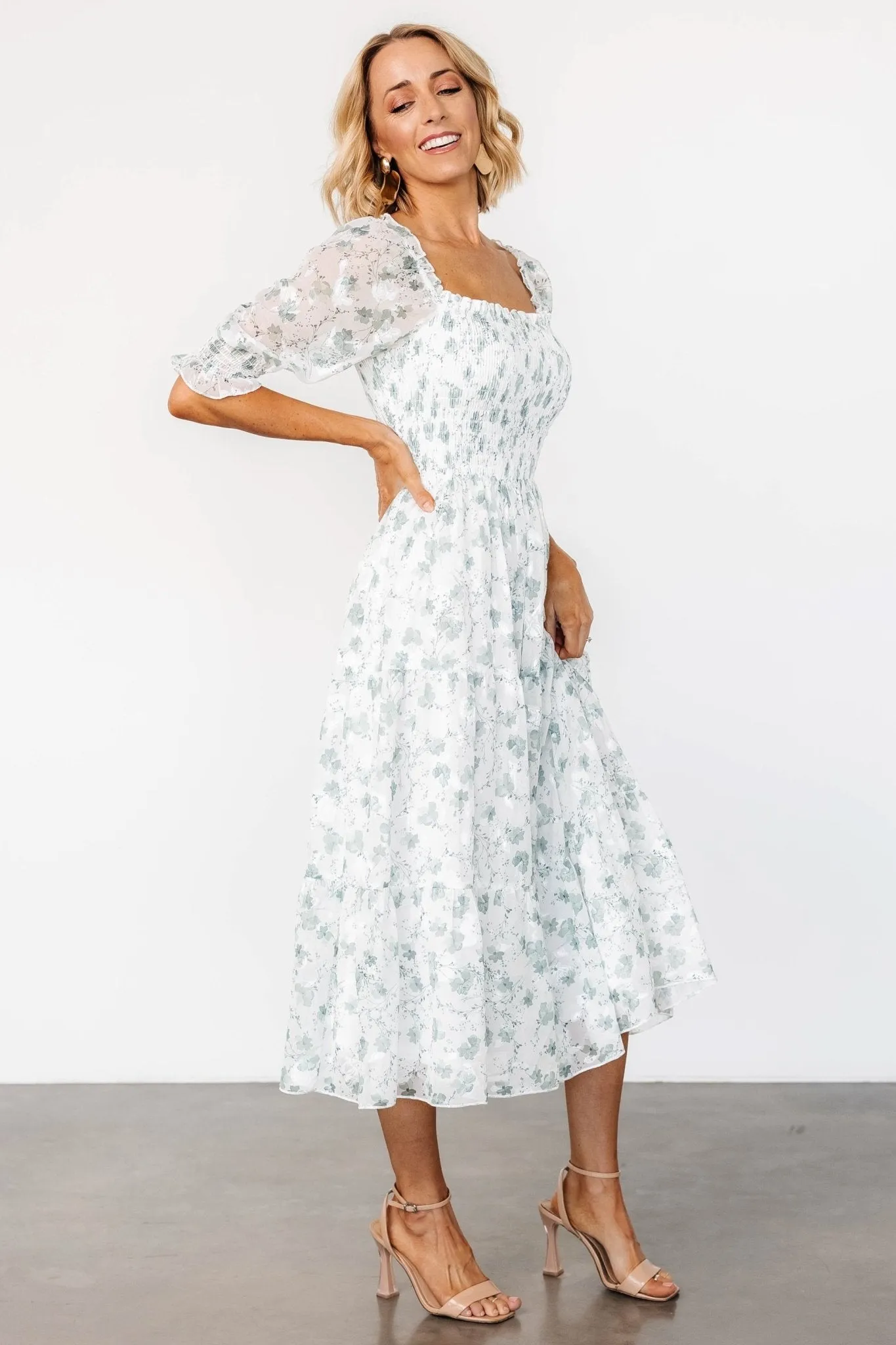 Fabian Jacquard Midi Dress | Off White + Sage Floral sold by Baltic Born product image thumbnail 3