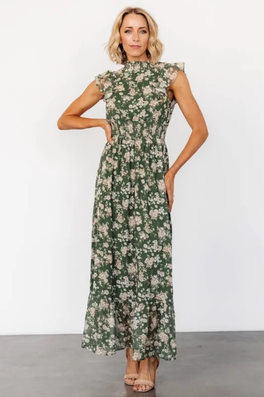 Kearny Ruffle Maxi Dress | Olive Floral sold by Baltic Born