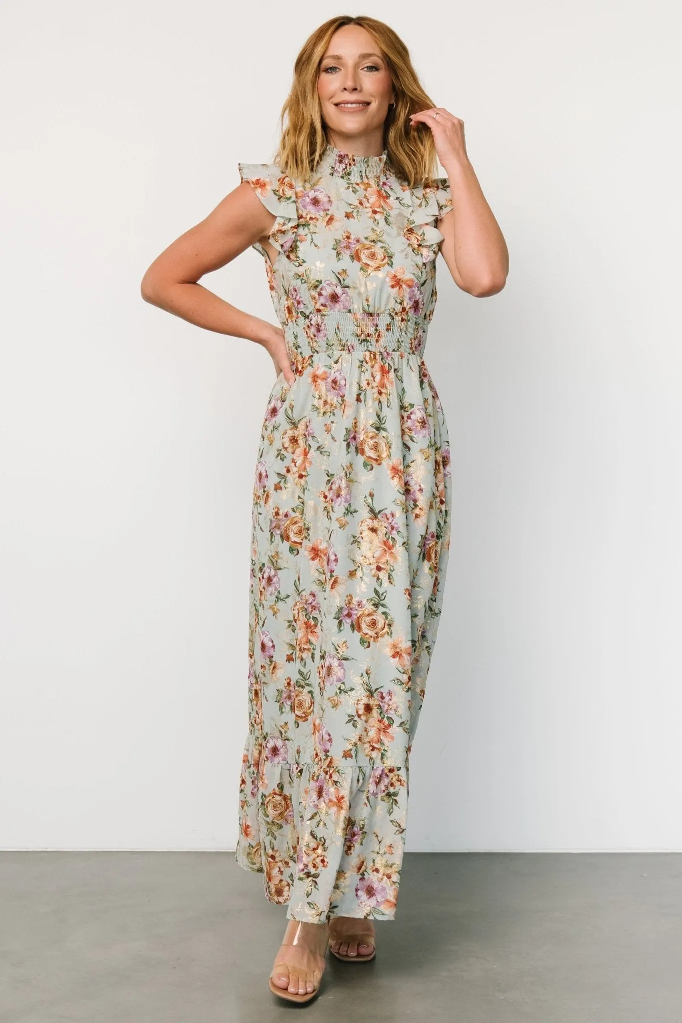 Kearny Ruffle Maxi Dress | Light Blue Floral + Gold sold by Baltic Born product image thumbnail 5