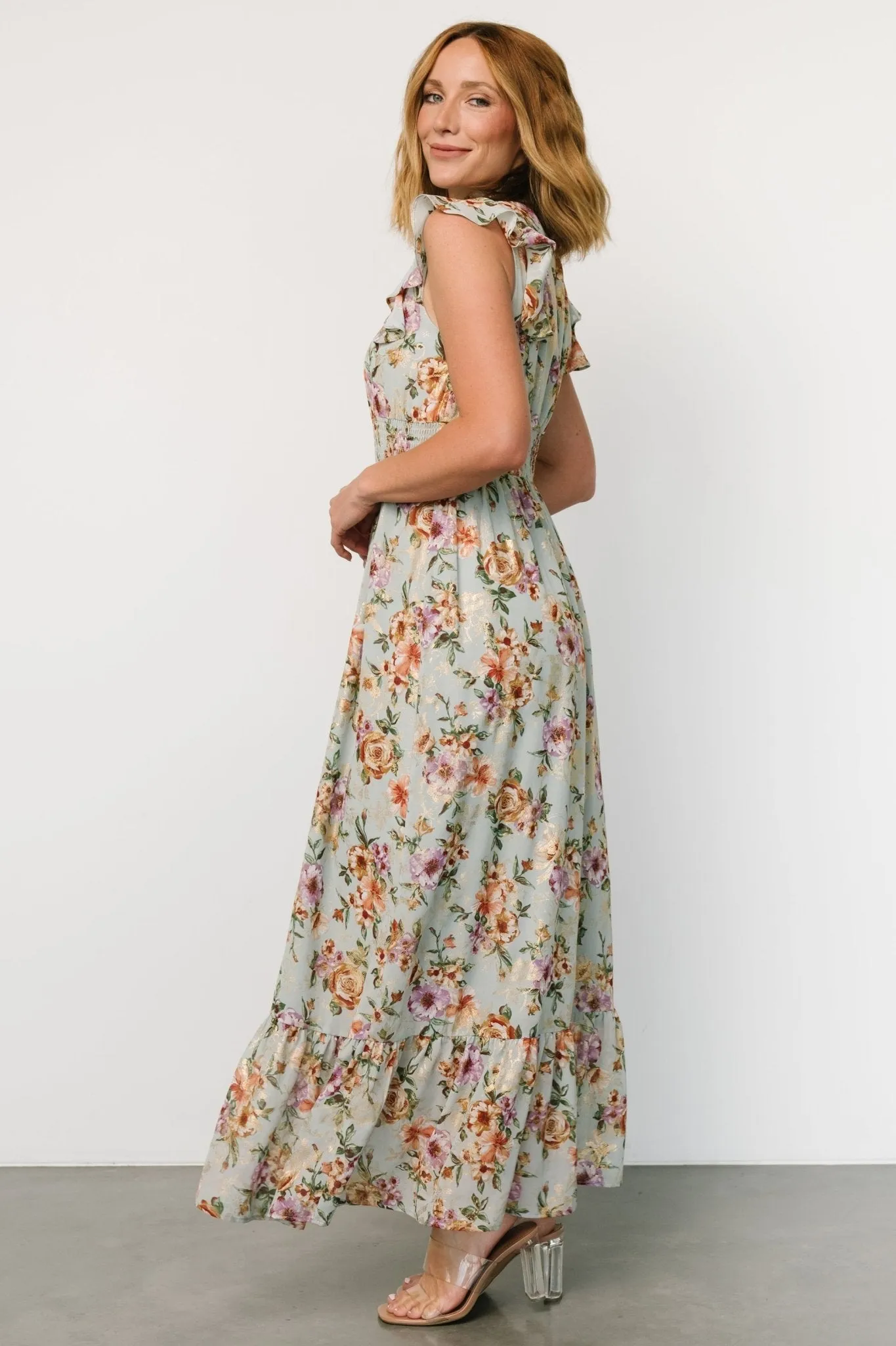 Kearny Ruffle Maxi Dress | Light Blue Floral + Gold sold by Baltic Born product image thumbnail 3