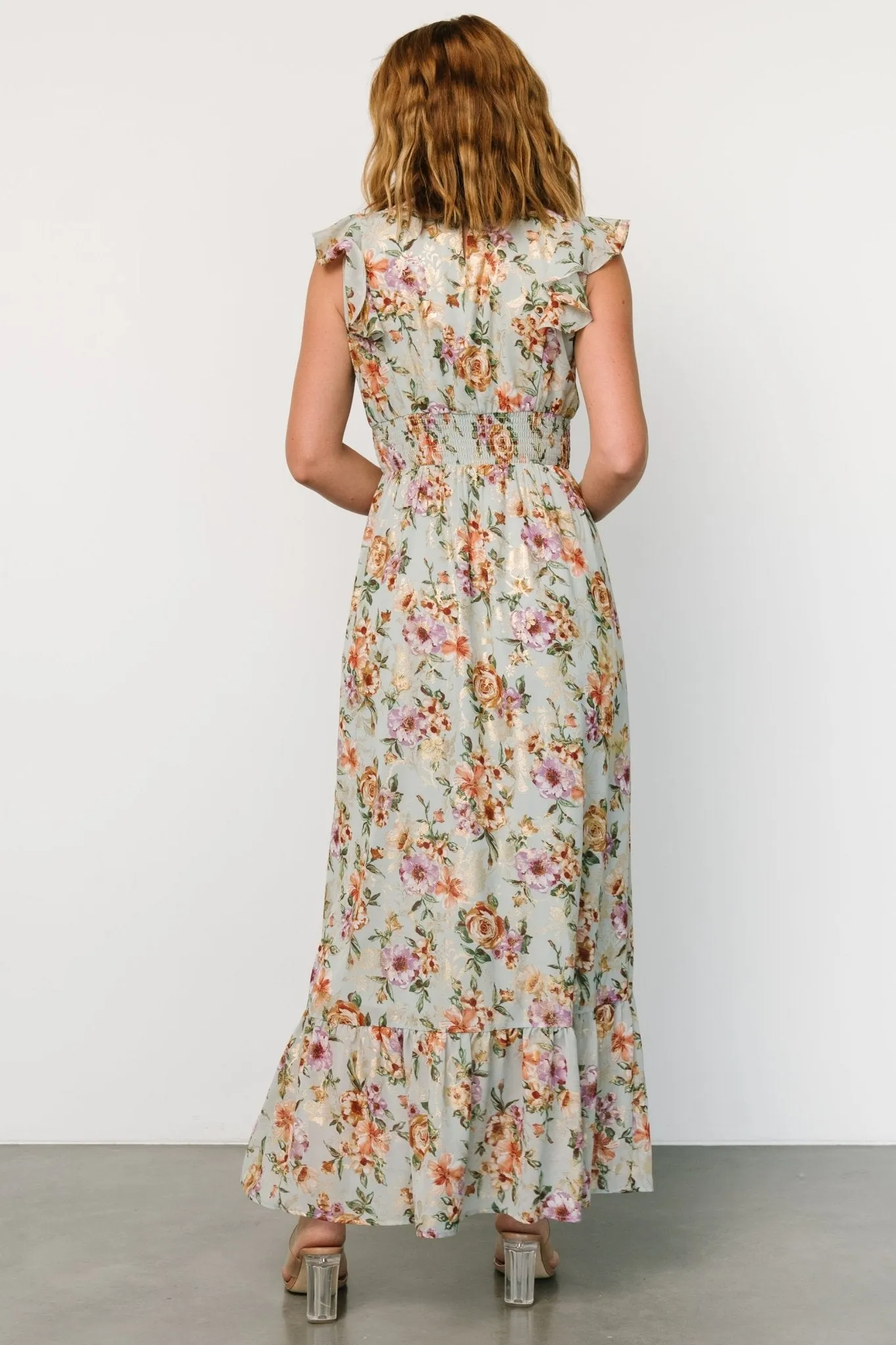 Kearny Ruffle Maxi Dress | Light Blue Floral + Gold sold by Baltic Born product image thumbnail 4