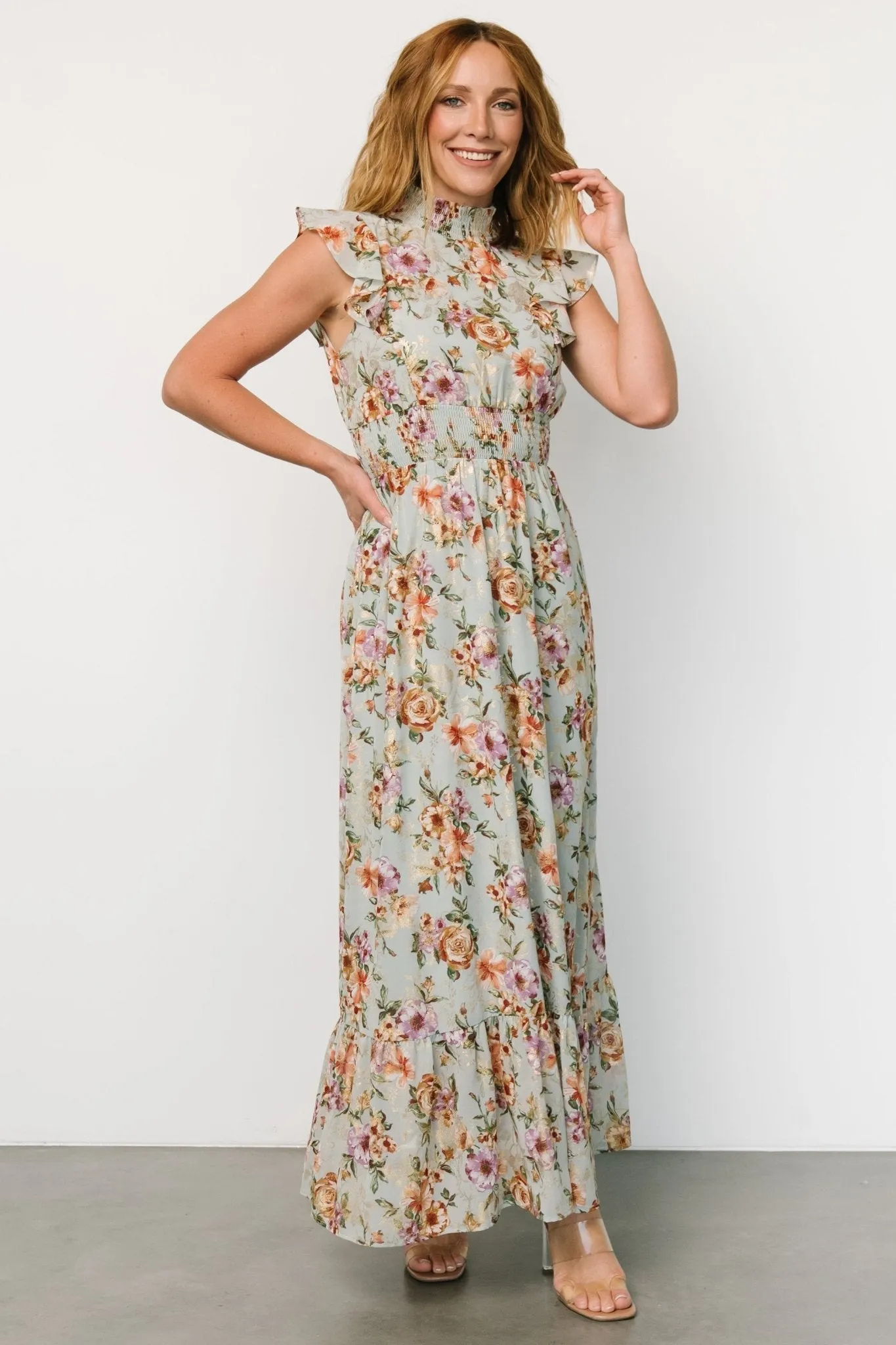 Kearny Ruffle Maxi Dress | Light Blue Floral + Gold sold by Baltic Born