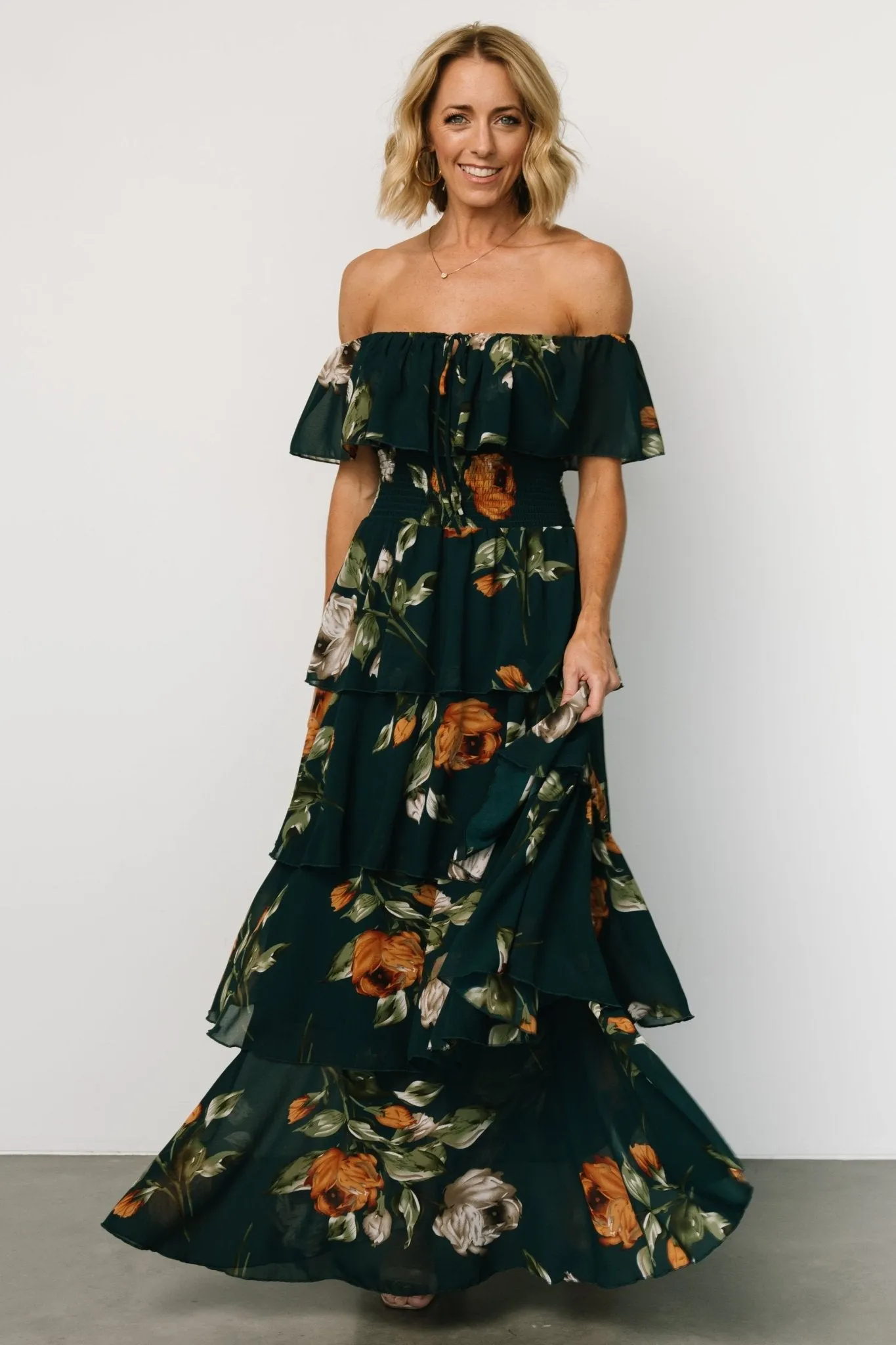 Carina Off Shoulder Maxi Dress | Deep Topaz Floral sold by Baltic Born