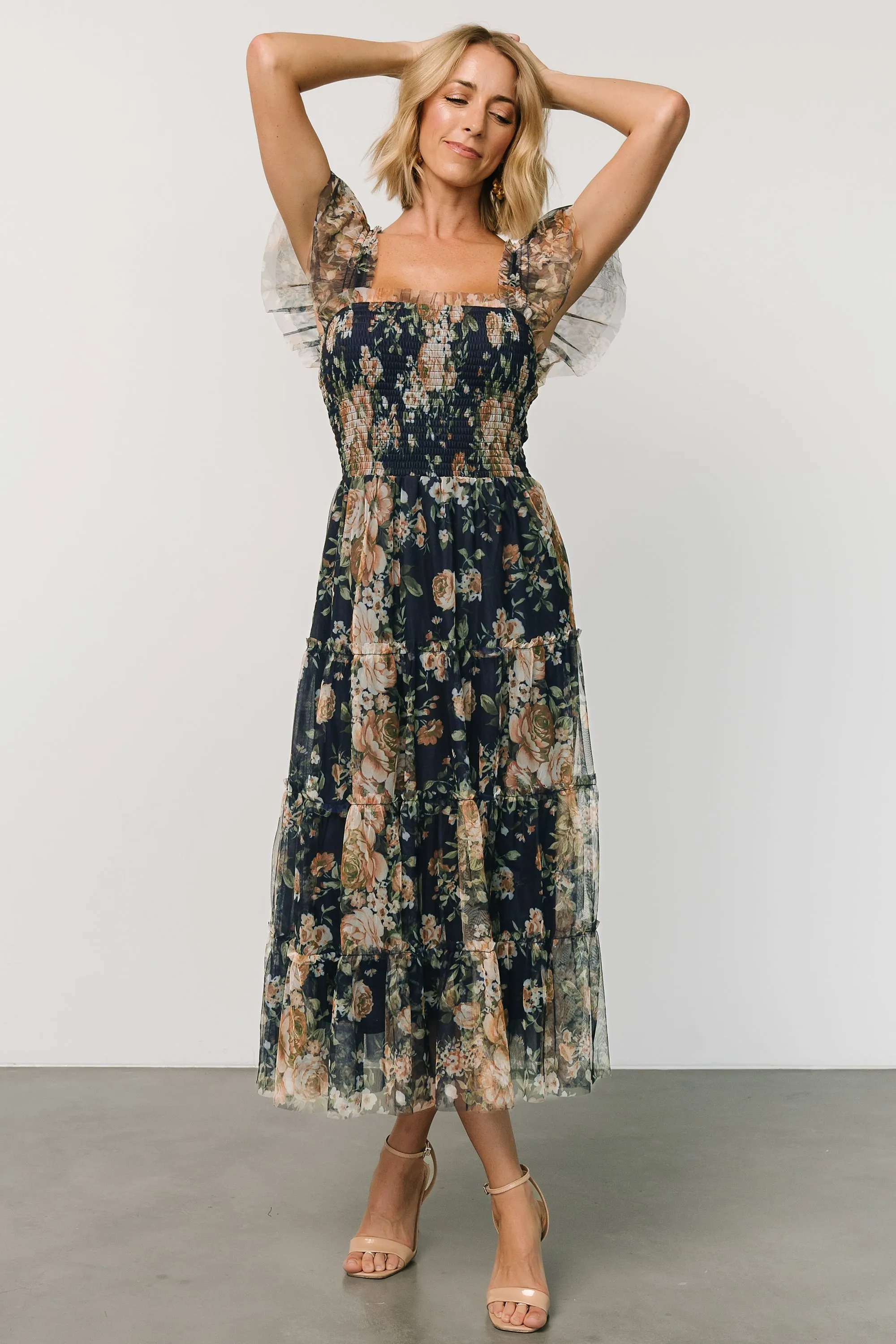 Clementine Tulle Midi Dress | Blue + Golden Floral sold by Baltic Born product image thumbnail 2