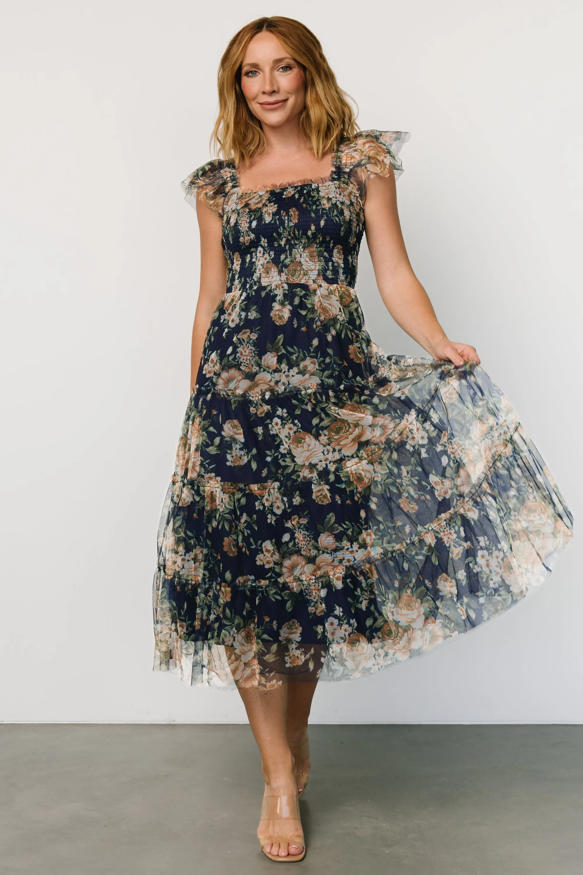 Clementine Tulle Midi Dress | Blue + Golden Floral sold by Baltic Born