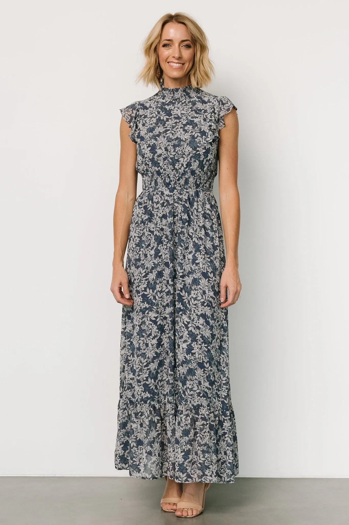 Kearny Ruffle Maxi Dress | Slate Print sold by Baltic Born