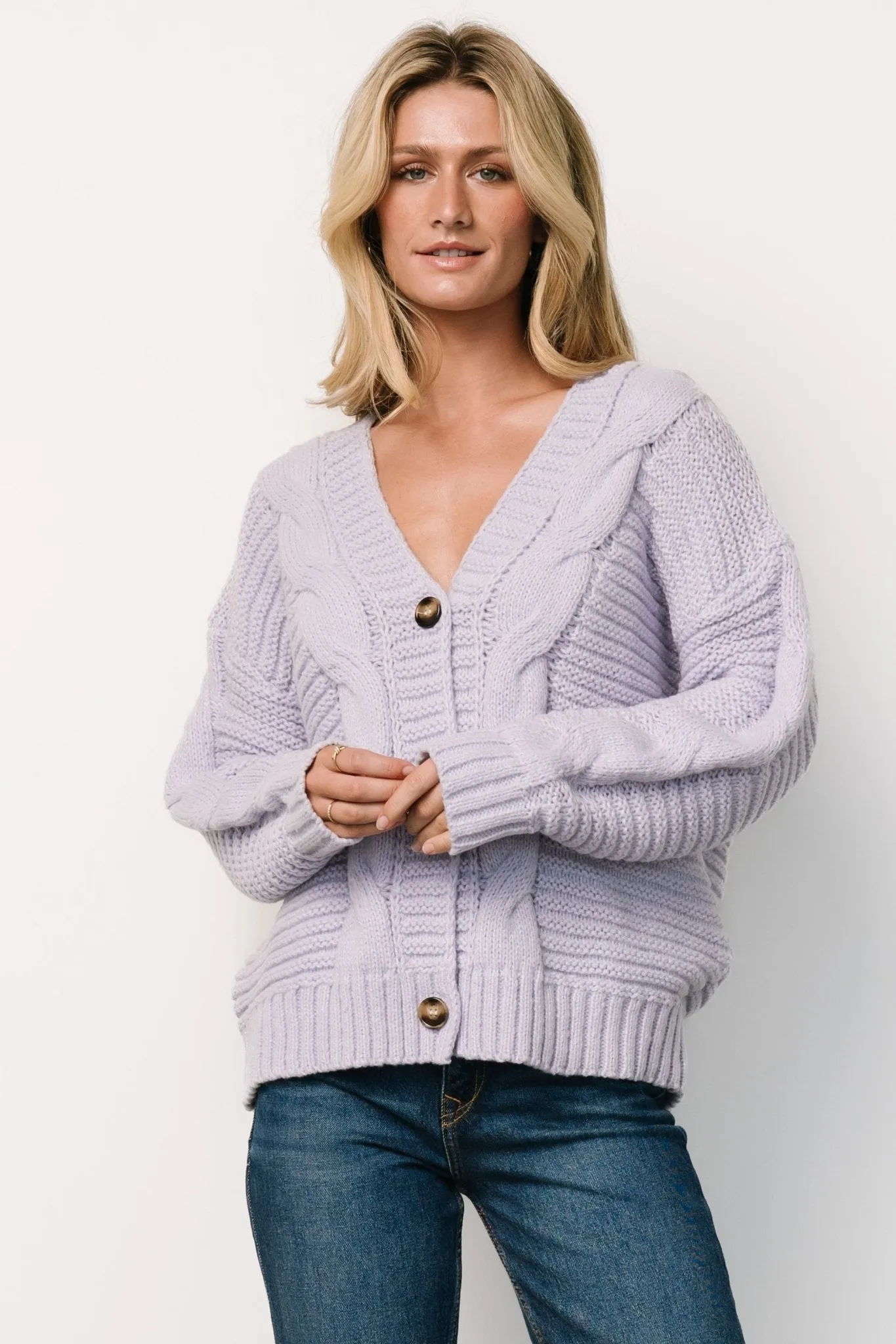 Ames Cable Knit Cardigan | Lavender sold by Baltic Born