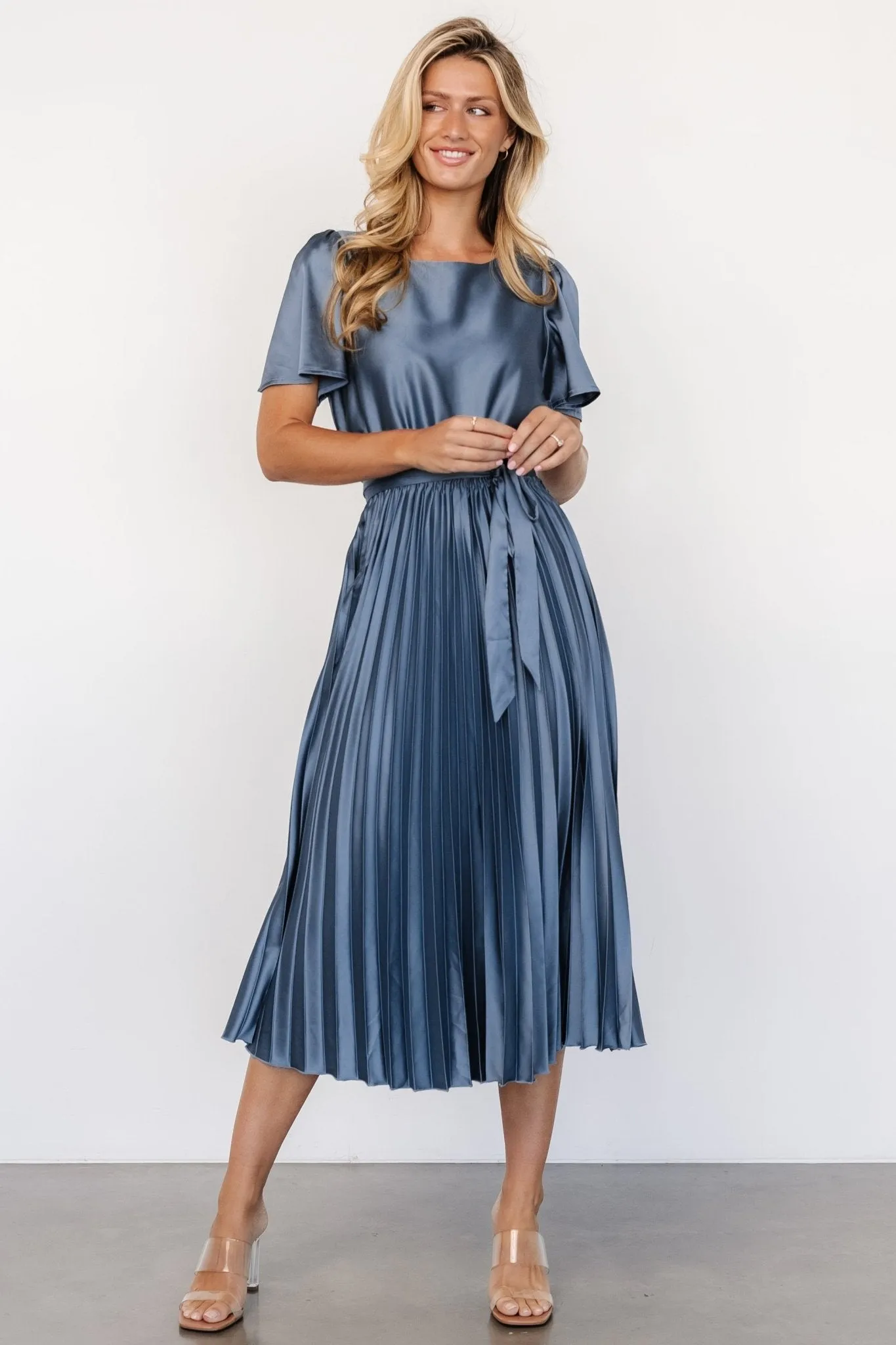 Adelaide Pleated Satin Dress | Blue sold by Baltic Born