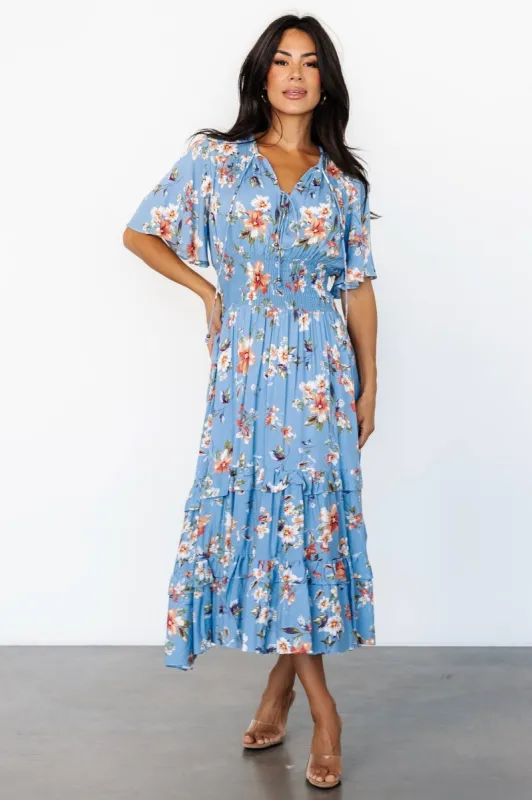 Spell Boho Midi Dress | Blue + Peach Floral sold by Baltic Born