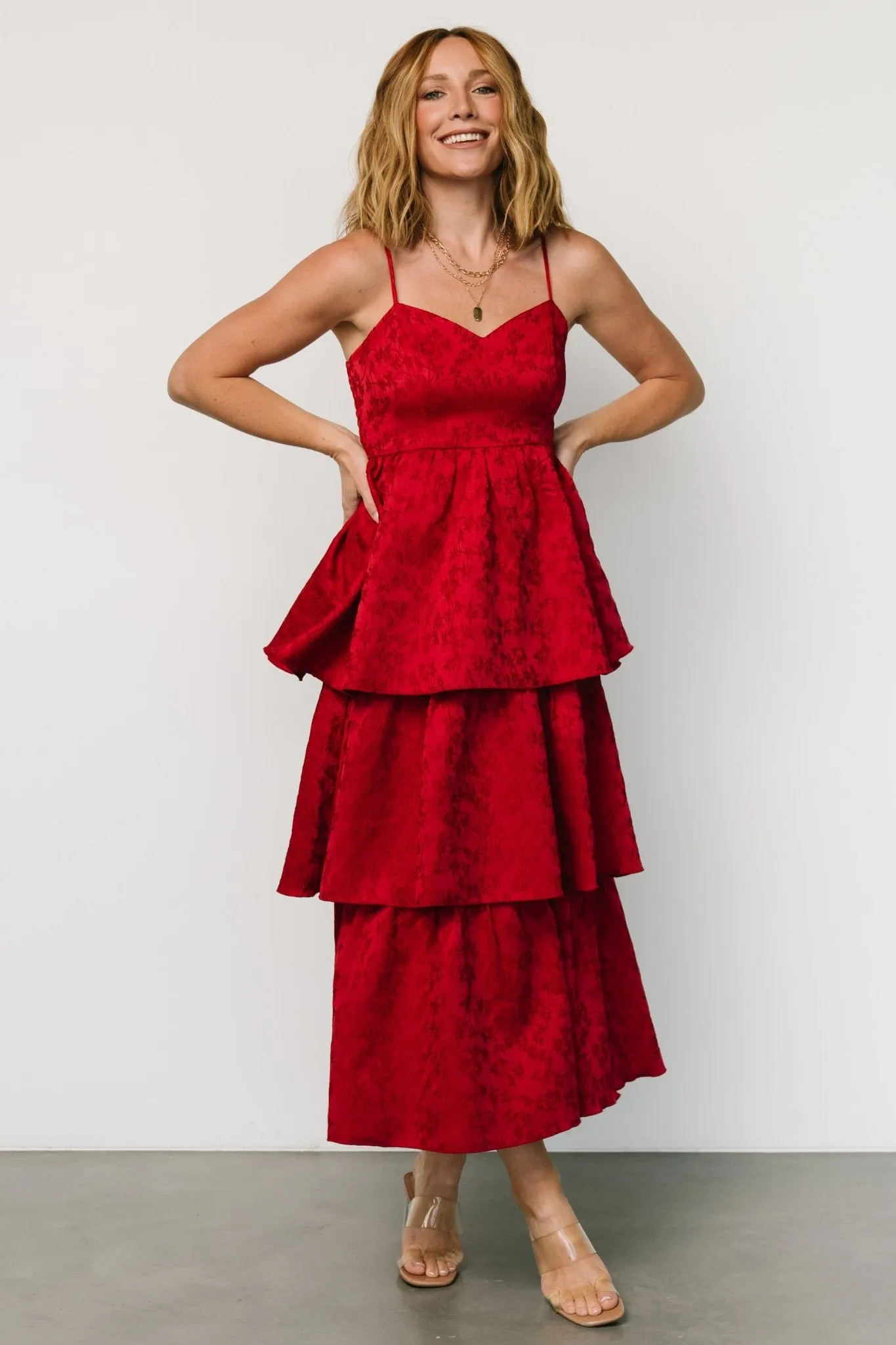 Violetta Embossed Tiered Dress | Deep Red sold by Baltic Born product image thumbnail 2