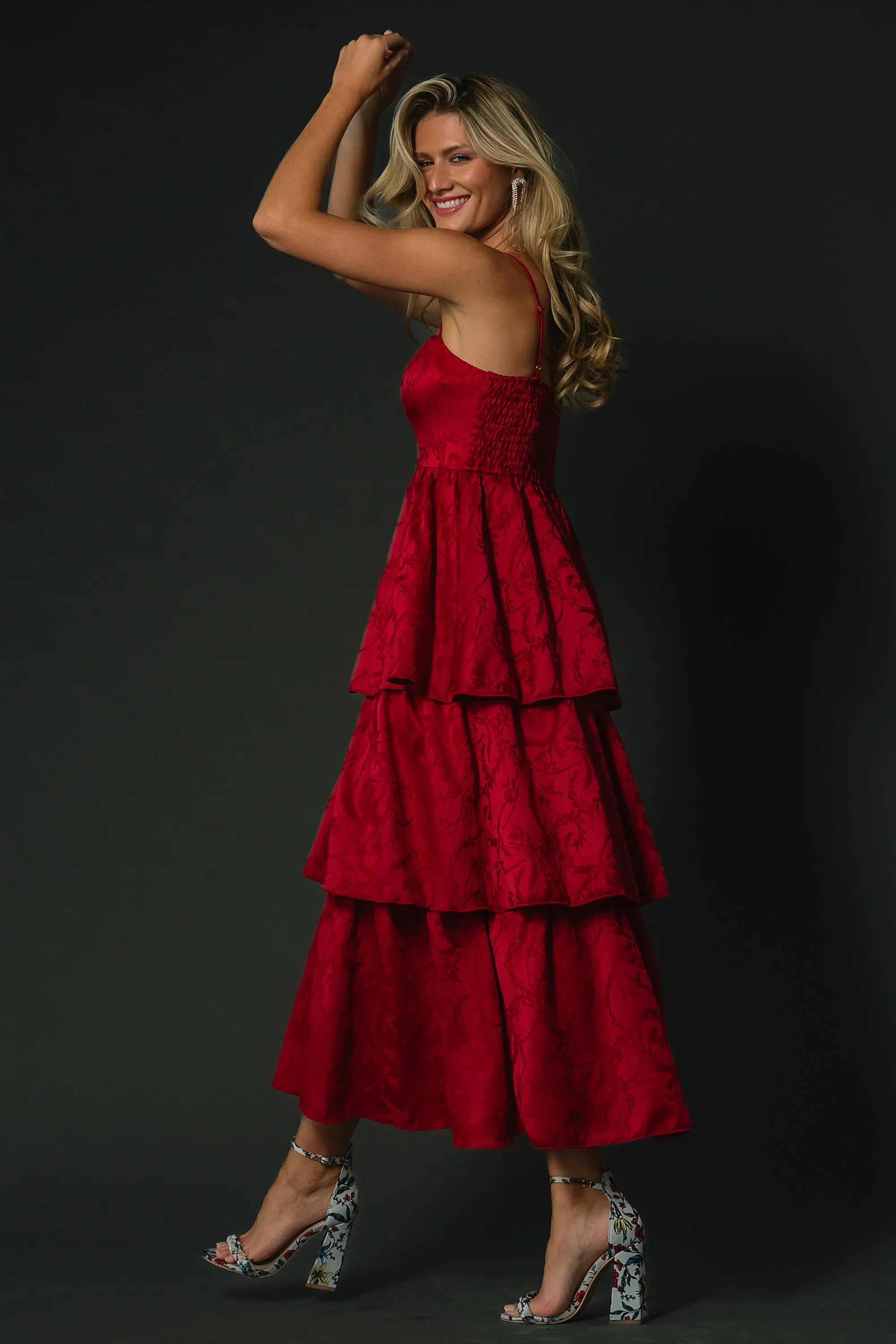 Violetta Embossed Tiered Dress | Deep Red sold by Baltic Born product image thumbnail 3