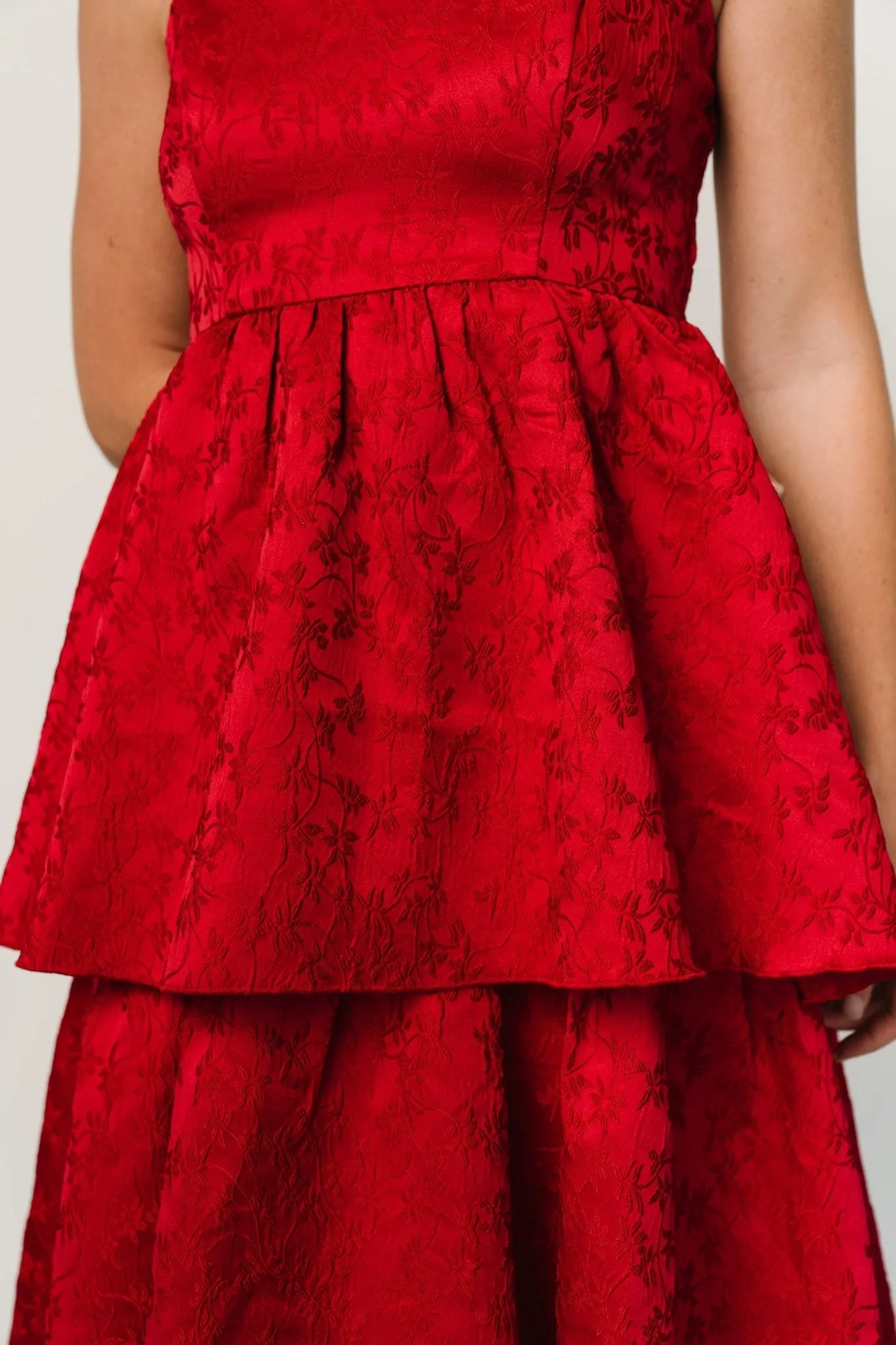 Violetta Embossed Tiered Dress | Deep Red sold by Baltic Born product image thumbnail 5