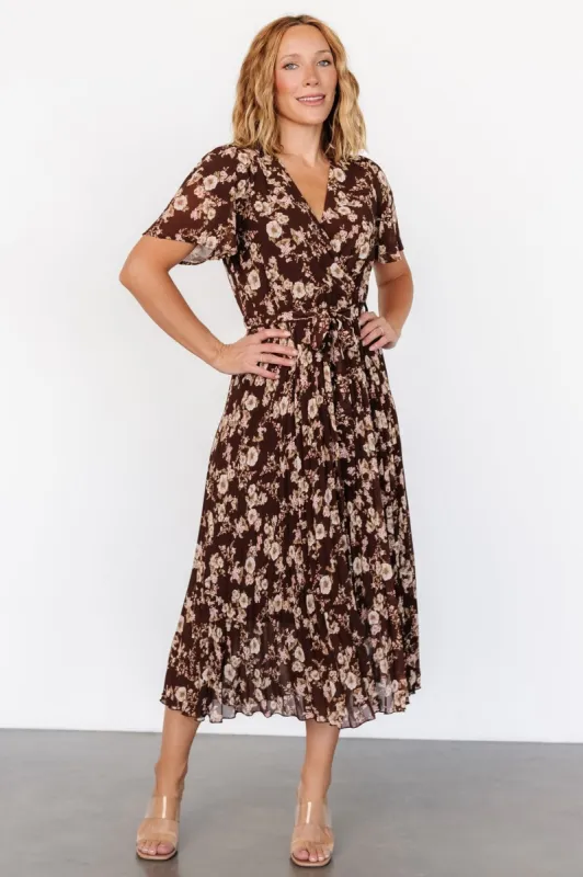 Cassidy Pleated Midi Dress | Brown Floral sold by Baltic Born