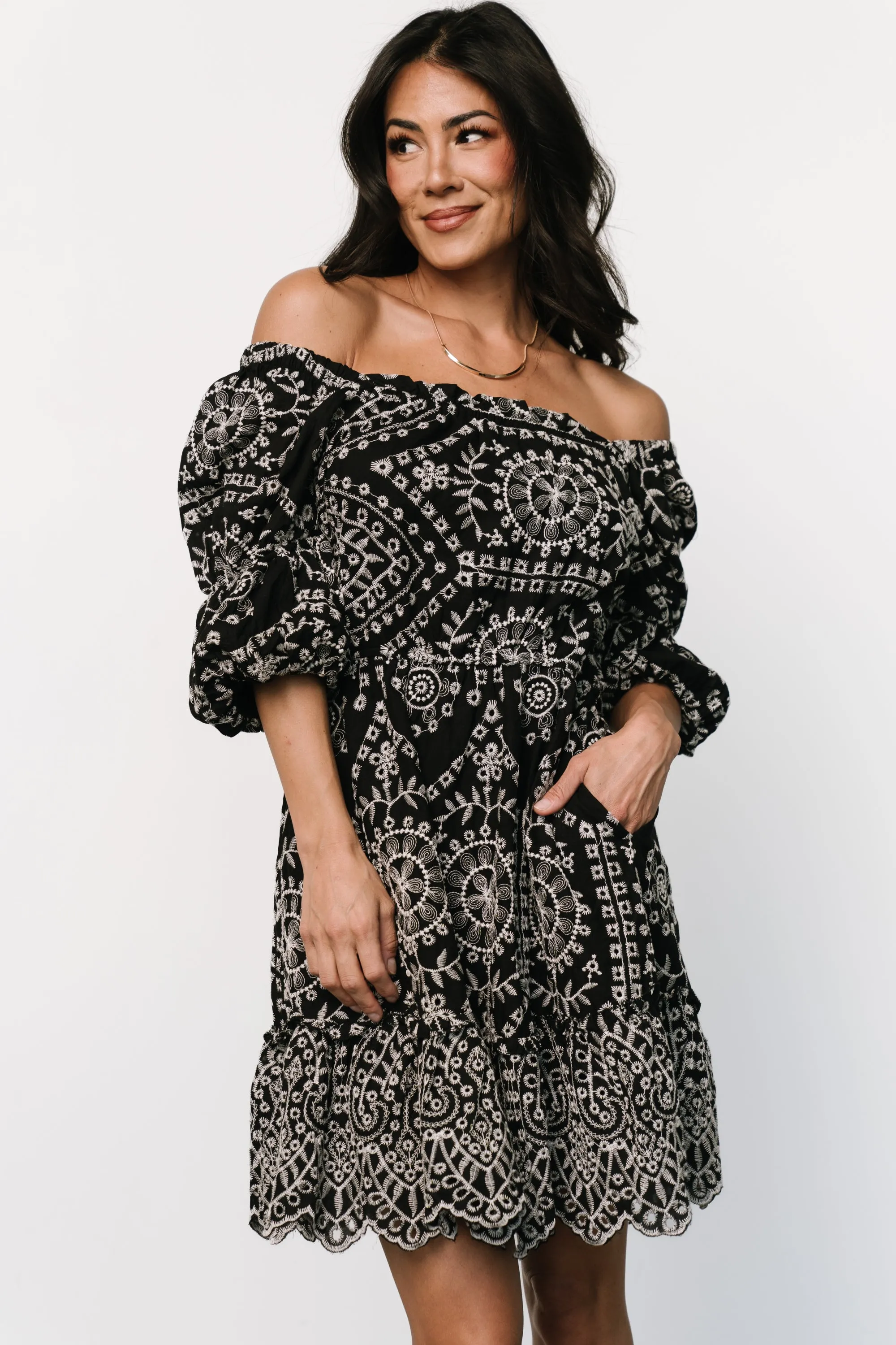 Katina Embroidered Short Dress | Black + White sold by Baltic Born product image thumbnail 2