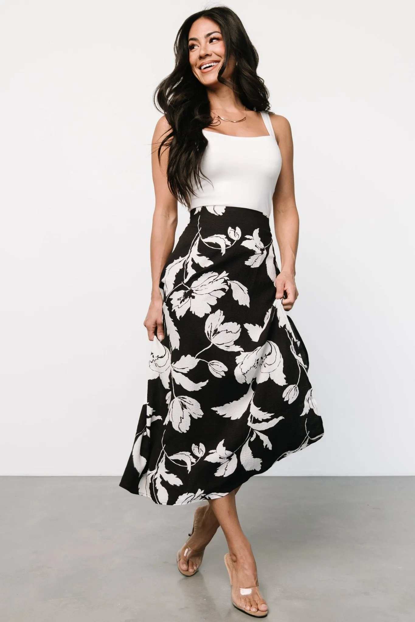 Osaka Midi Skirt | Black + White Floral sold by Baltic Born