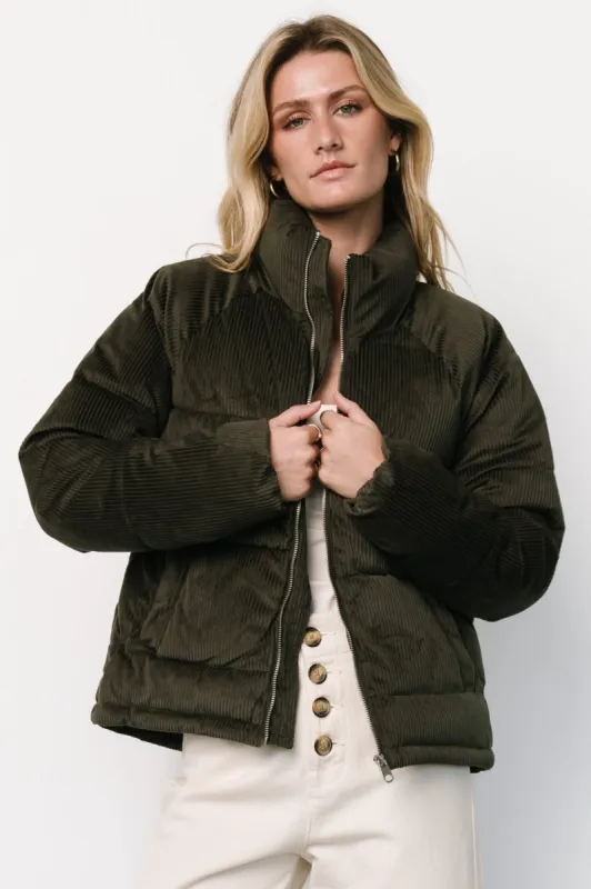 Holden Corduroy Puffer Jacket | Olive Charcoal sold by Baltic Born