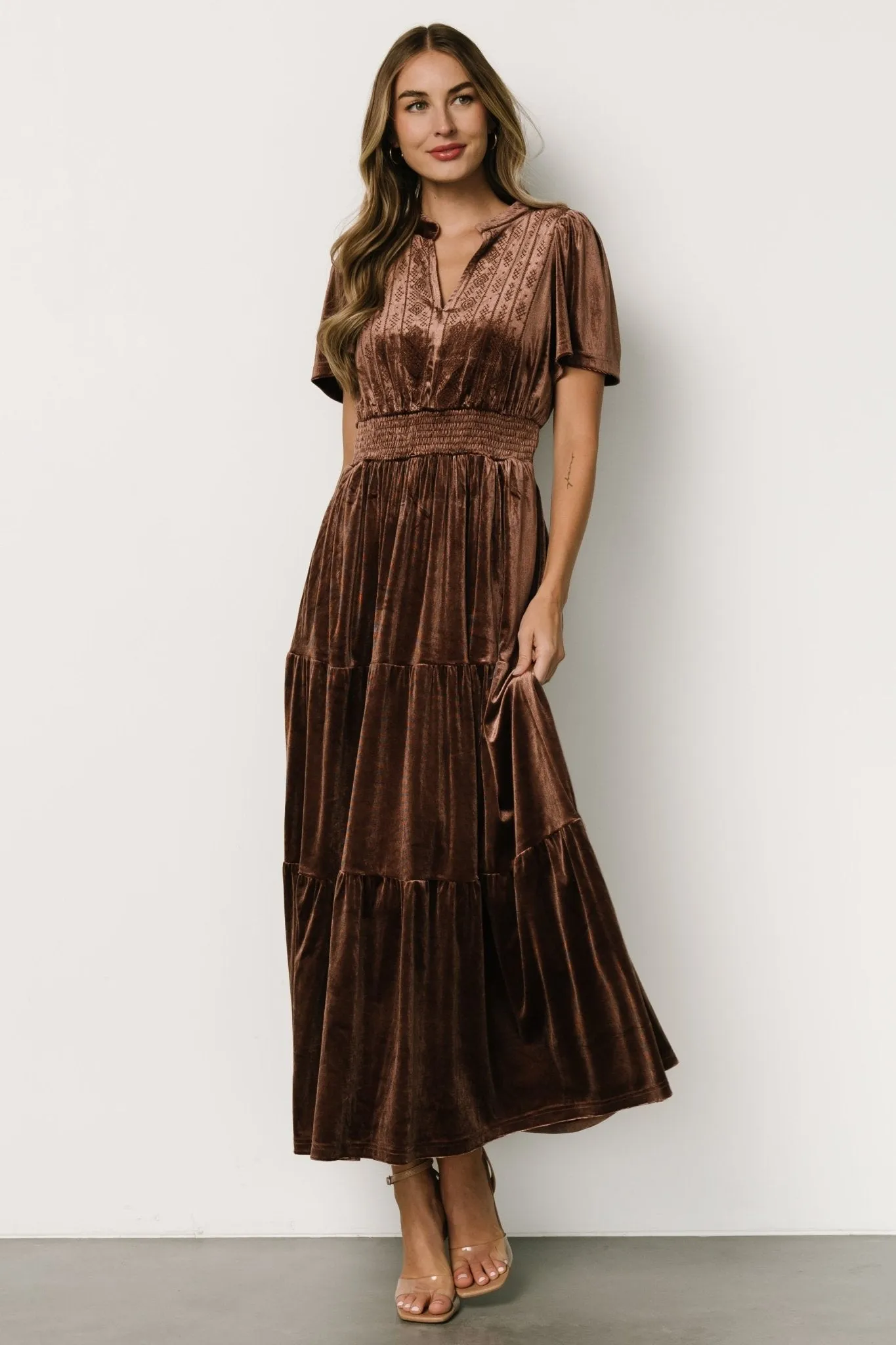 Maida Embroidered Velvet Dress | Chocolate sold by Baltic Born