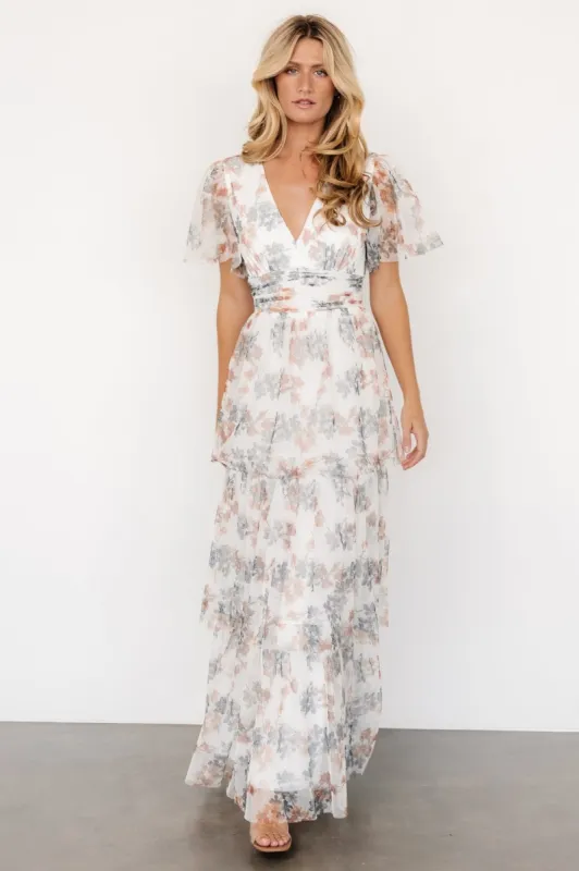Elinor Tiered Tulle Dress | Off White + Peach Floral sold by Baltic Born