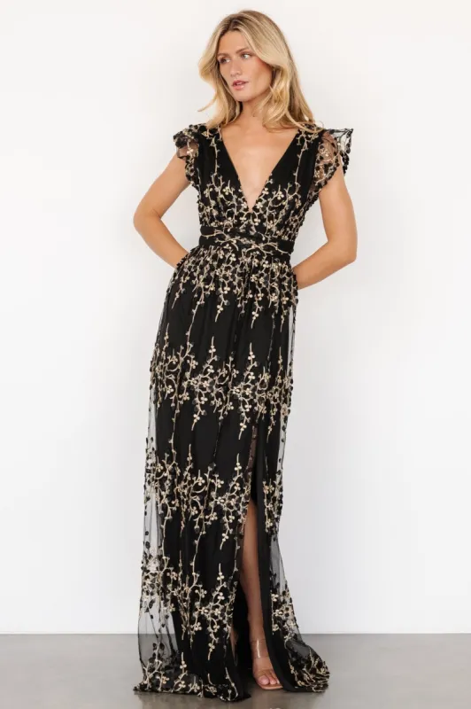 Eva Embroidered Maxi Dress | Black + Gold sold by Baltic Born