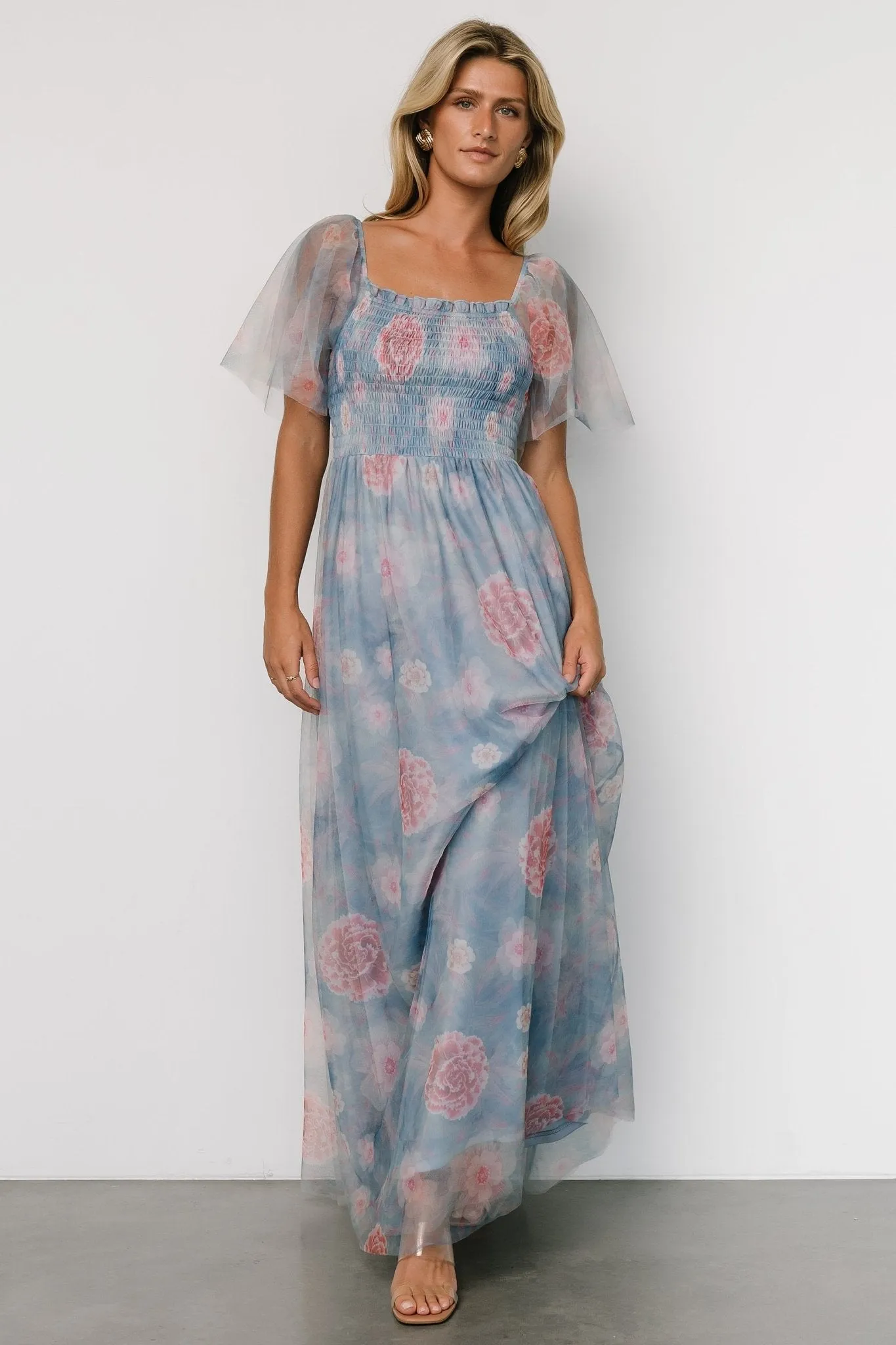 Cassandra Tulle Maxi Dress | Light Blue + Pink Floral sold by Baltic Born product image thumbnail 4