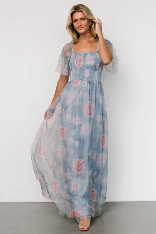 Cassandra Tulle Maxi Dress | Light Blue + Pink Floral sold by Baltic Born