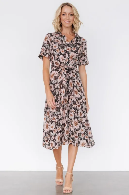 Feya Button Midi Dress | Black + Mauve Floral sold by Baltic Born