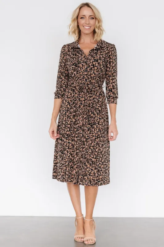 Jenica Midi Dress | Black + Camel Print sold by Baltic Born