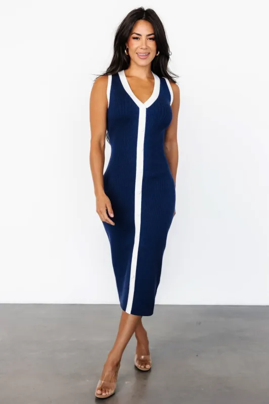 Coley Ribbed Button Dress | Navy + Off White sold by Baltic Born