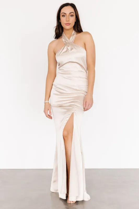Natalie Satin Halter Gown | Champagne sold by Baltic Born
