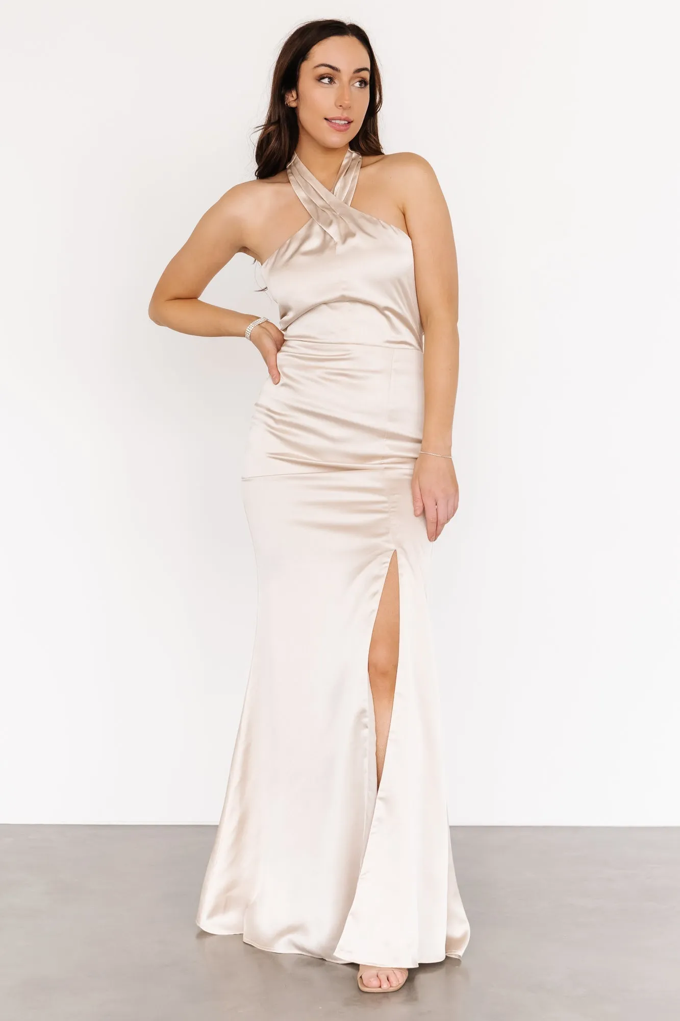 Natalie Satin Halter Gown | Champagne sold by Baltic Born product image thumbnail 5