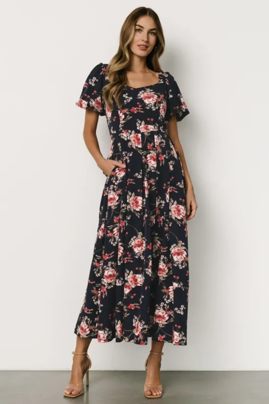 Greta Pleated Maxi Dress | Navy + Pink Floral sold by Baltic Born