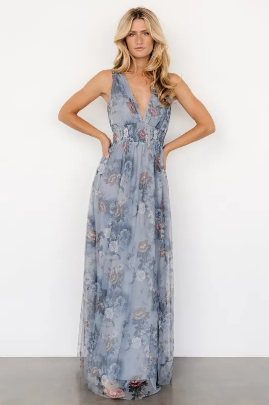 Kamila Tulle Maxi Dress | Dusty Blue Floral sold by Baltic Born