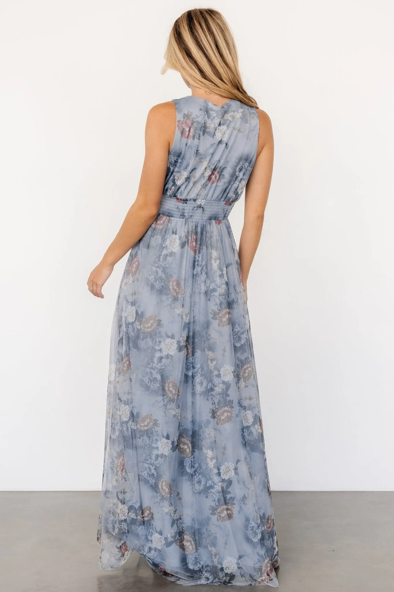 Kamila Tulle Maxi Dress | Dusty Blue Floral sold by Baltic Born product image thumbnail 5